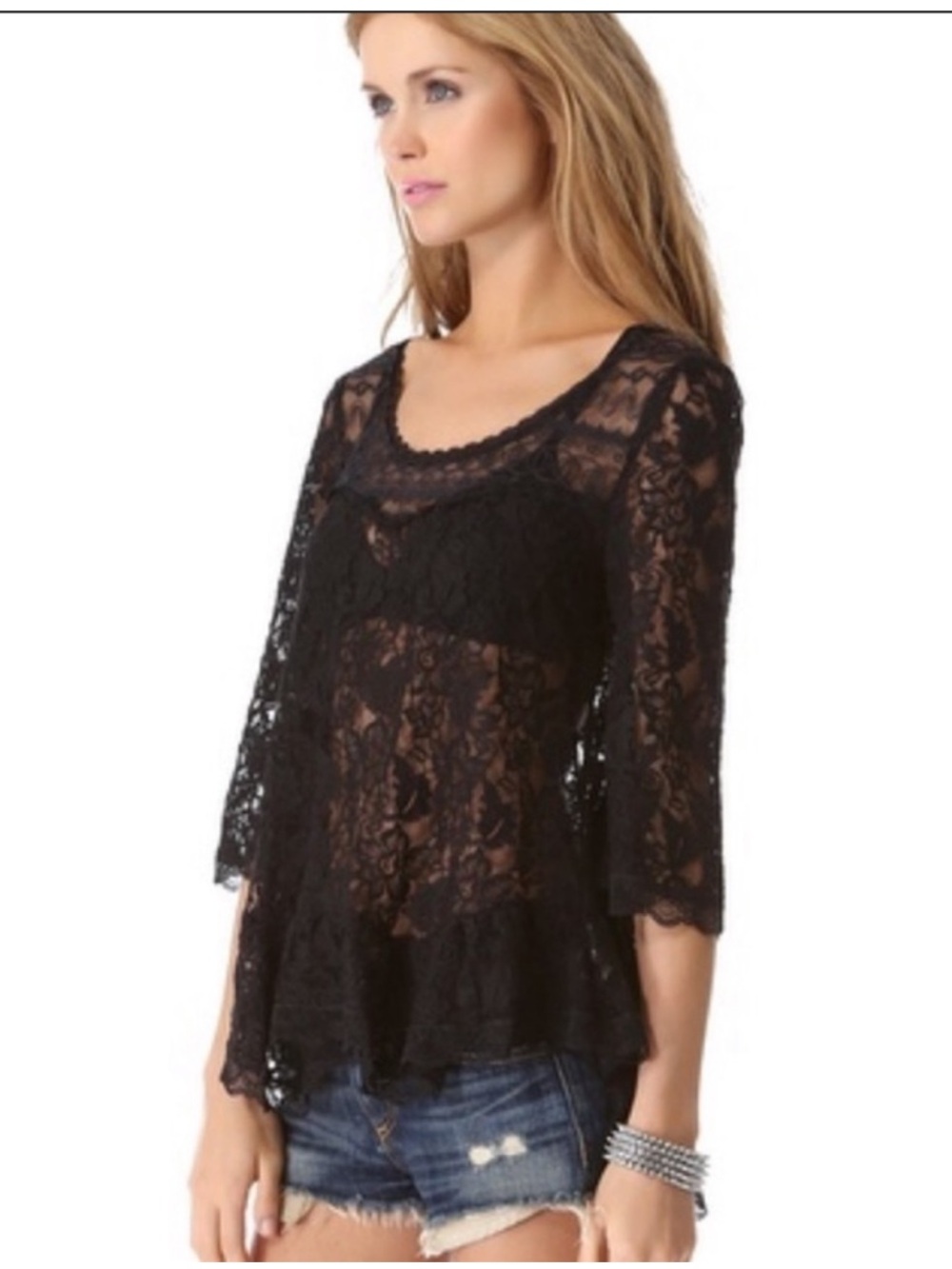 Free People black lace ruffled blouse
